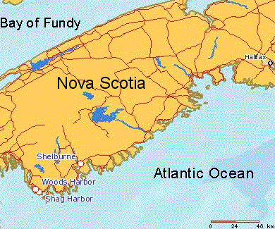 Map Of Nova Scotia  showing Shag Harbour